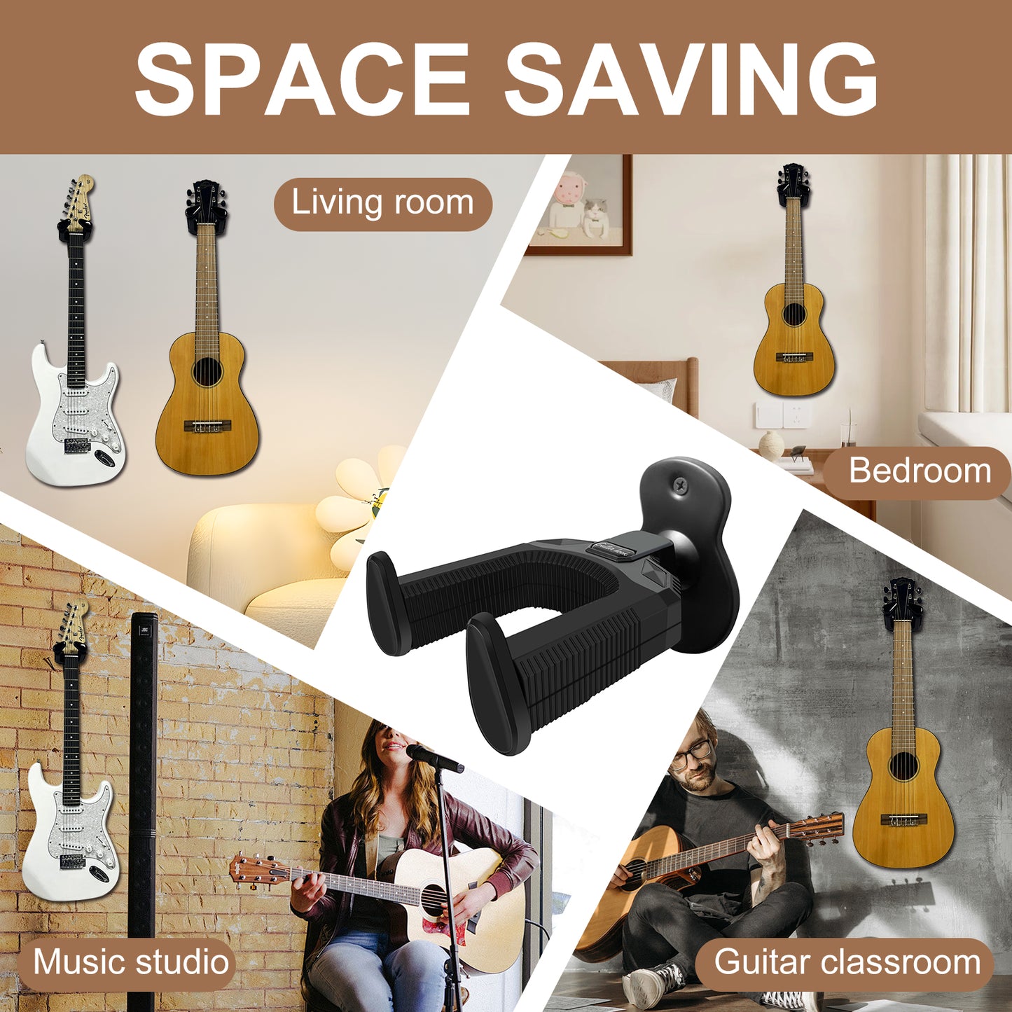Guitar Wall Mount Hanger, Auto Lock Adjustable Guitar Hook Holder for Acoustic, Electric, Bass, Banjo and Mandolin, Gift for Guitar Player